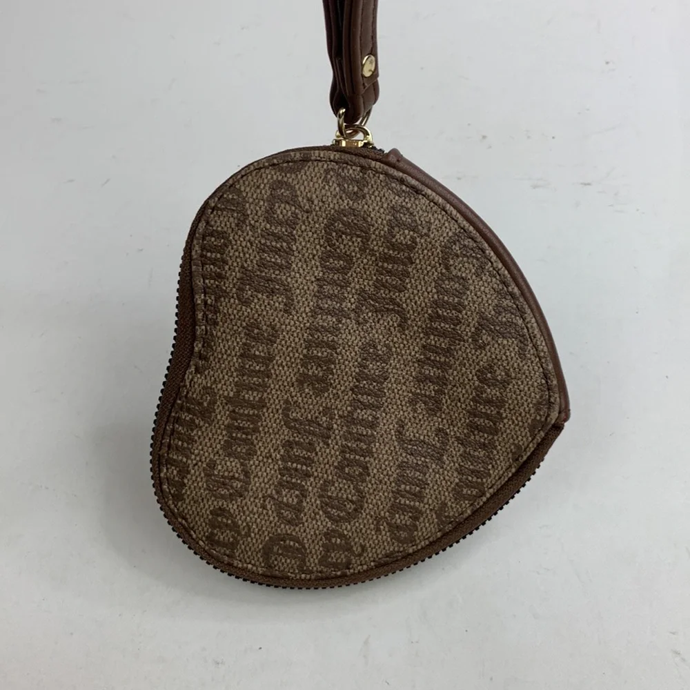 Juicy Couture Brown Gold Heart Wristlet bag pouch clutch Zip closure Strap